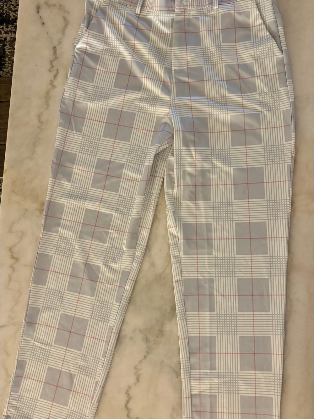 Men's Plaid Stretch Dress Pants - White & Light Gray with Pink Windowpane